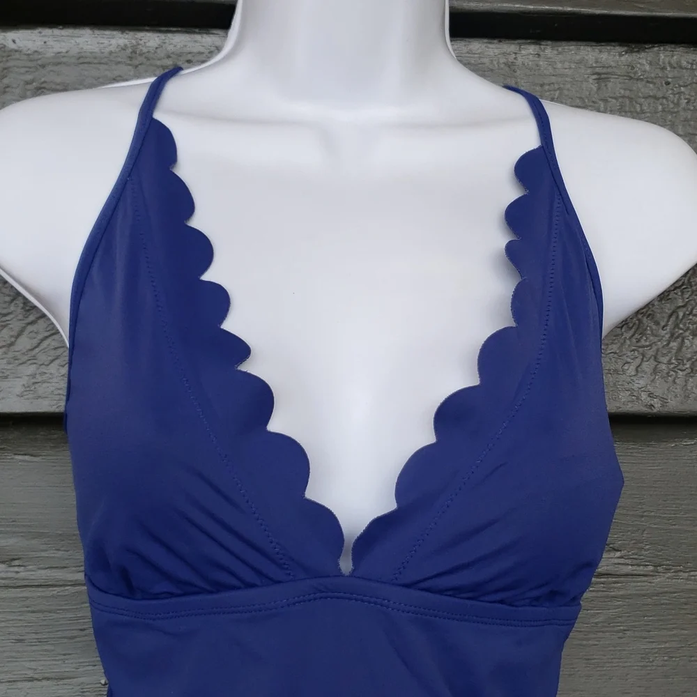 LA BLANCA Womens Blue Petal Pusher Tummy Control Scalloped One-Piece Swimsuit 8 - Picture 4 of 10